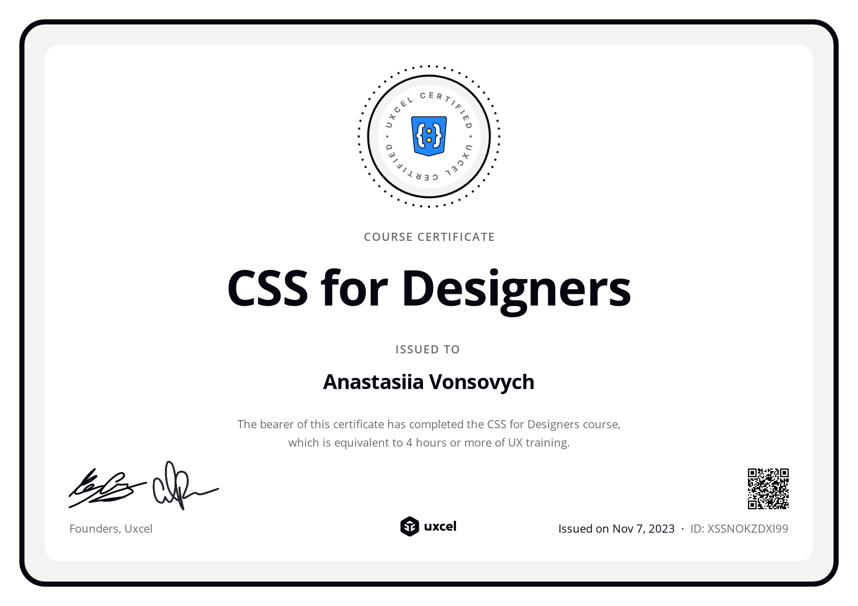 Anastasiia Vonsovych's certificate